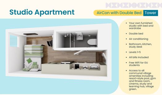 Tower Studio Apartment (AirCon with Double Bed)