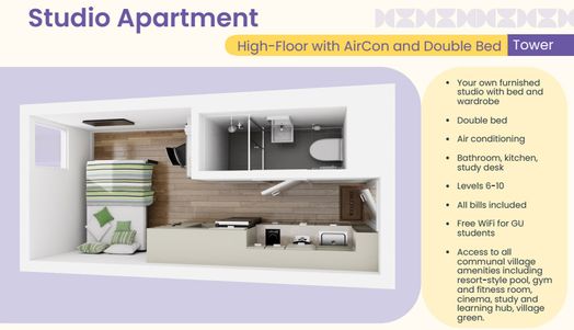Tower Studio Apartment (High-Floor with AirCon & Double Bed)