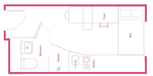 Photo of a double bed ensuite room in 1-room student hall in London.