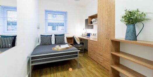 Photo of a double-bed ensuite room in a student hall in Exeter.