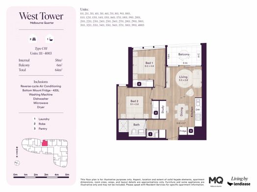 2 Bedroom, 1 Bathroom with Study Desk